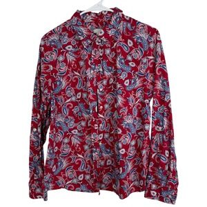 Talbots Red Navy Paisley Long Sleeve Collared Cotton Button Down Shirt Lg Petite